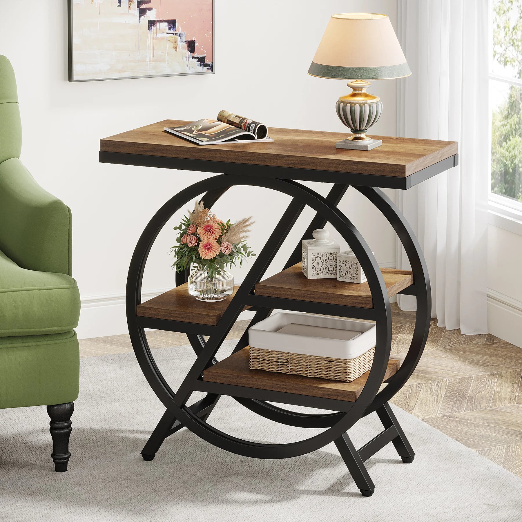 Tribesigns End Table for Living Room, 3-Tier Narrow Side Table with Storage, Wood Sofa Side Table with Geometric Metal Frame