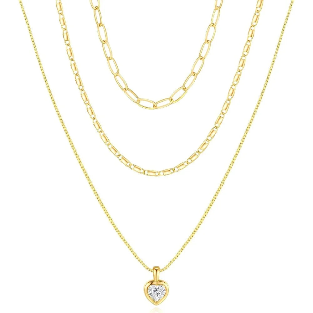 Layered Gold Necklace for Women, Trendy Stackable 14k Gold CZ Diamond Cross Pendant Necklace Jewelry, Paperclip Box Flat Necklac