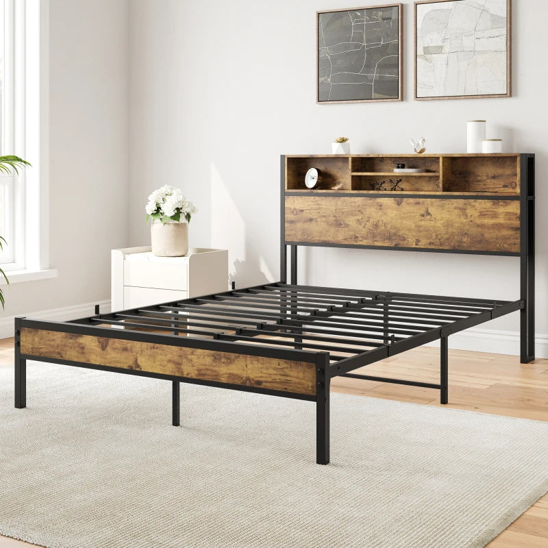 Full Size Frame Storage Headboard Metal Platform Bed With Charging Station Bookcase Storage No Box Spring Needed Easy Assembly