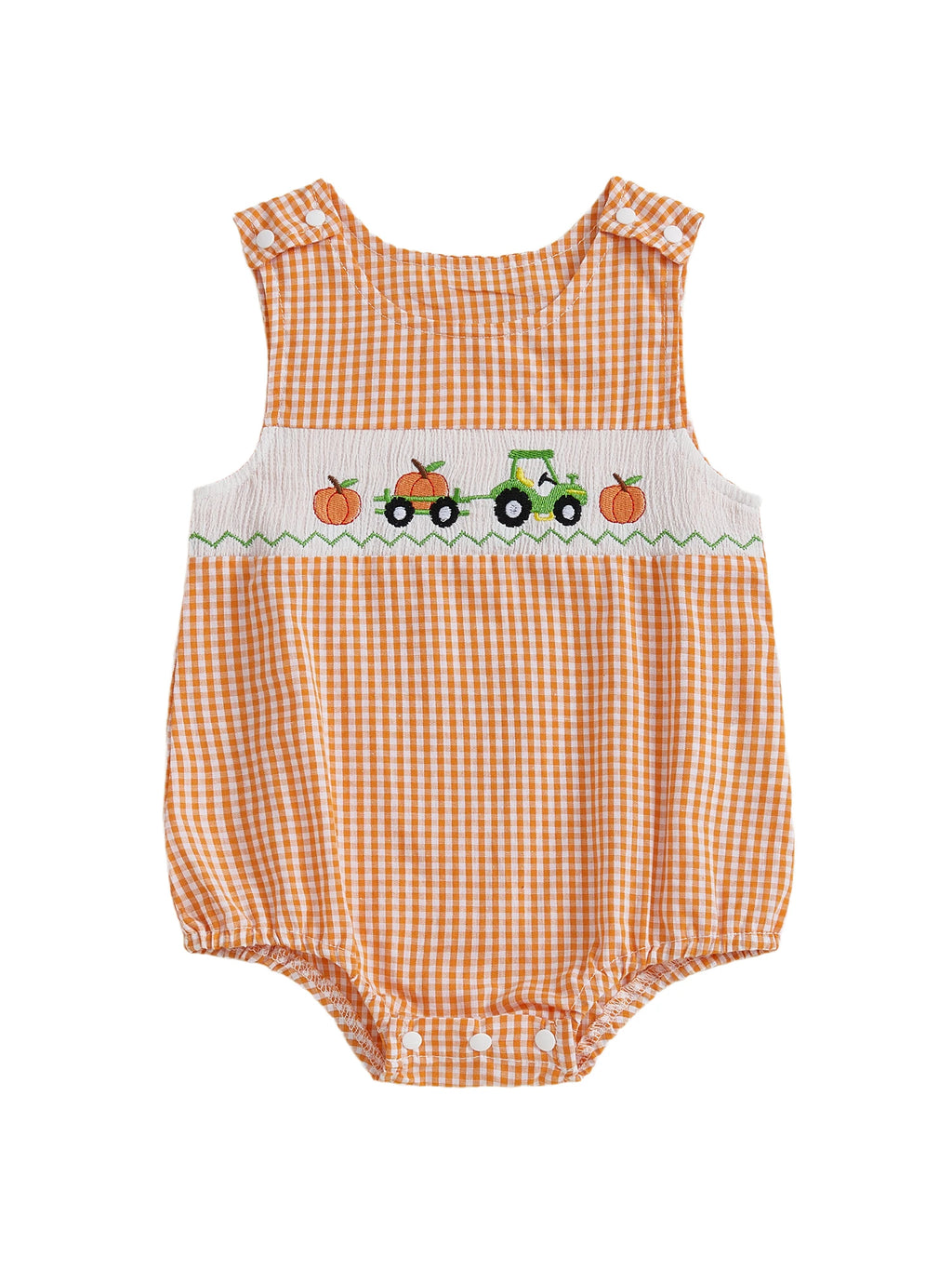 Toddler Boy Autumn Plaid Overall Thanksgiving Turkey and Cornucopia Embroidery Crew Neck Sleeveless Rompers