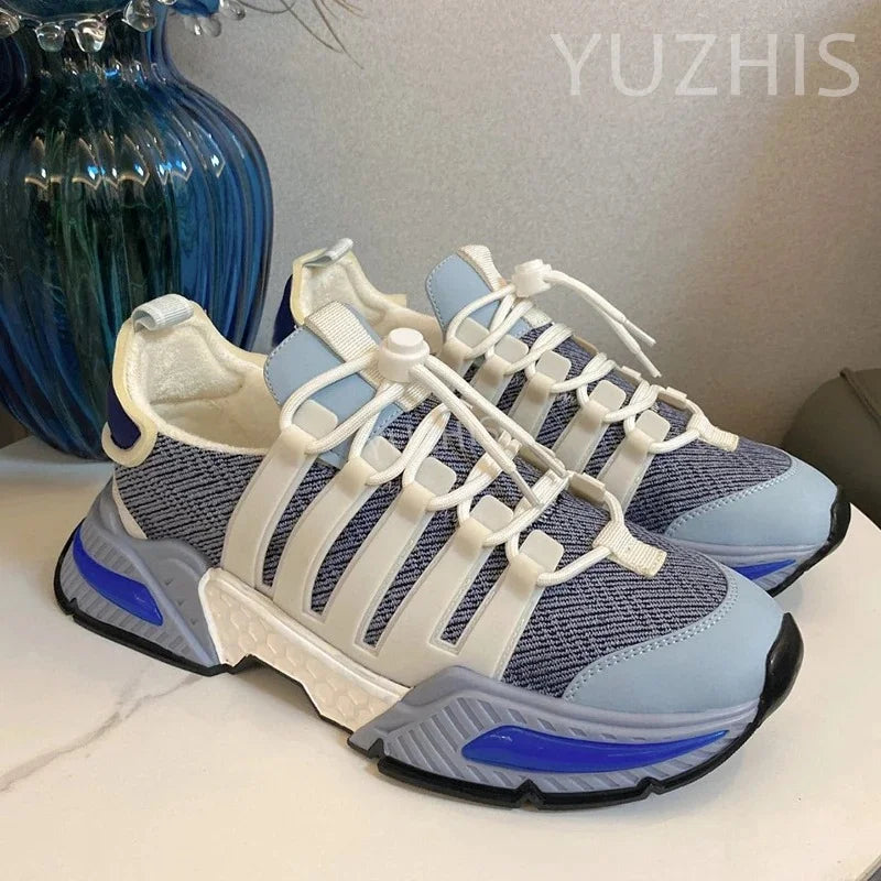 Couple Sneakers Women Lace Up Round Toe Flat Casual Shoes Patchwork Platform Running Shoes Outdoor Sports Shoes Men