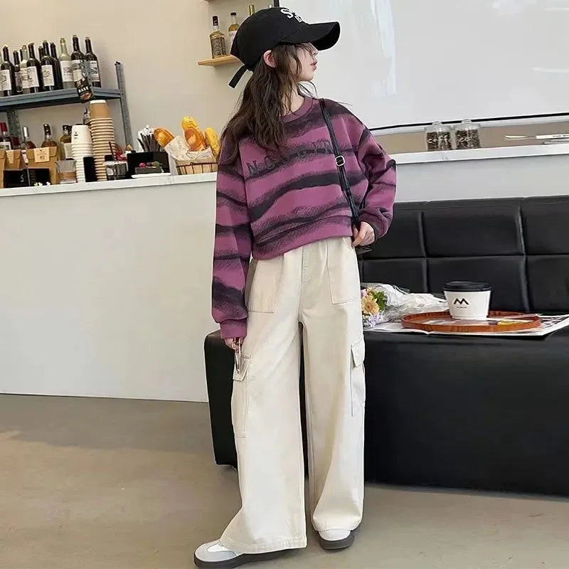 2025 autumn spring Girls clothes Sweatshirt Kids teens dress top Child striped letters hooded tracksuit 4 6 7 8 9 10 11 12 year