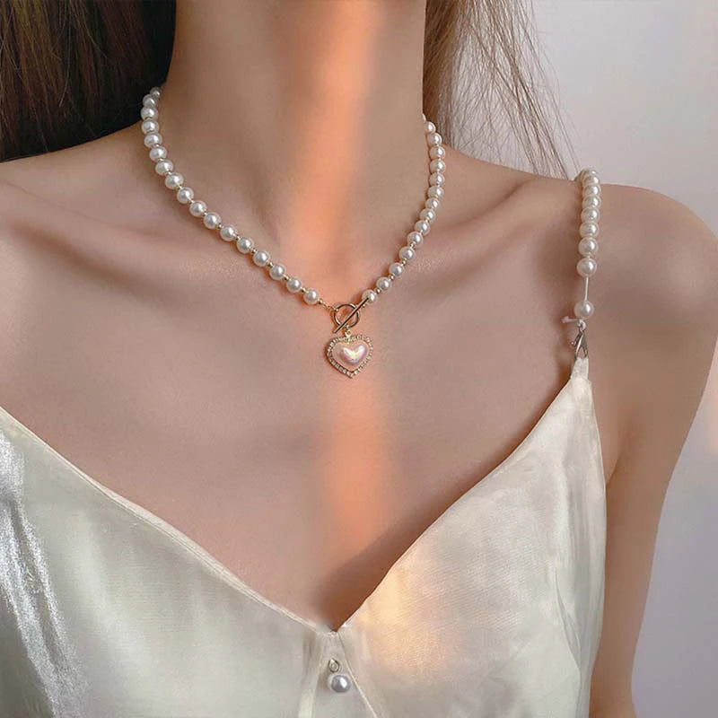 Imitation Pearl Love Necklace Cool and Sweet Simple Gold Pearl Necklace