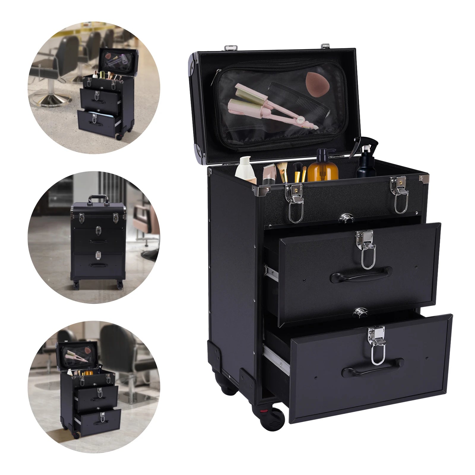 Makeup Train Case,Rolling Beauty Salon Luggage Hairdressing Trolley Travel Organizer Tool Box Cosmetic Luggage (Black Small)