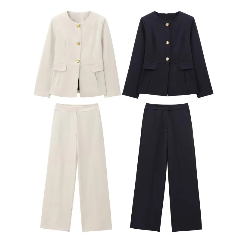 Women's Suit Set Business Formal Blazer & Pants Gold Button Jacket High Waist Straight Leg Office Wear Spring Wrinkle-Resistant