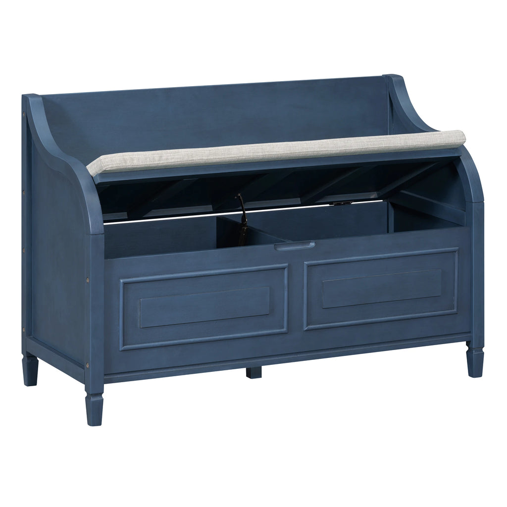 Rustic Style Solid Wood Entryway Storage Bench With Safety Hinge, Multi-functional Shoe Stool With Removable Upholstered Cushion
