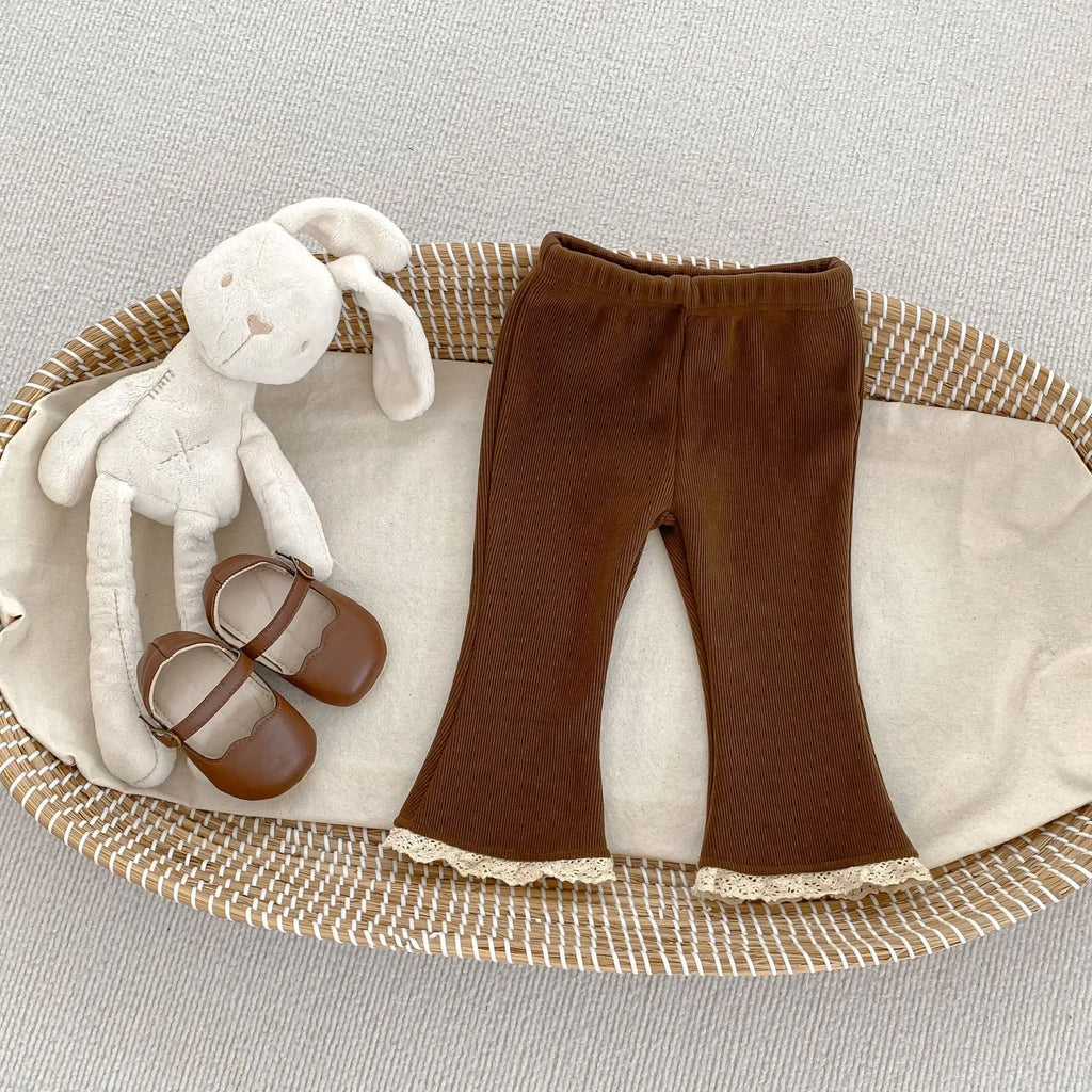 2025 Autumn Collection Girls' Velvet Bellbottom Pants with Western Style Lace Pants, Versatile Warm Baby Girls' Casual Pants