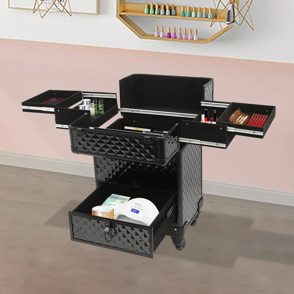 Rolling Makeup Train Case Aluminum Alloy and ABS Construction, 44 lbs Load Capacity, 7 Compartments and Drawer for Makeup