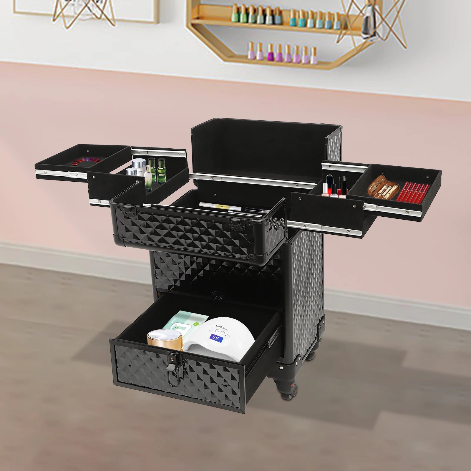 Rolling Makeup Train Case Aluminum Alloy and ABS Construction, 44 lbs Load Capacity, 7 Compartments and Drawer for Makeup