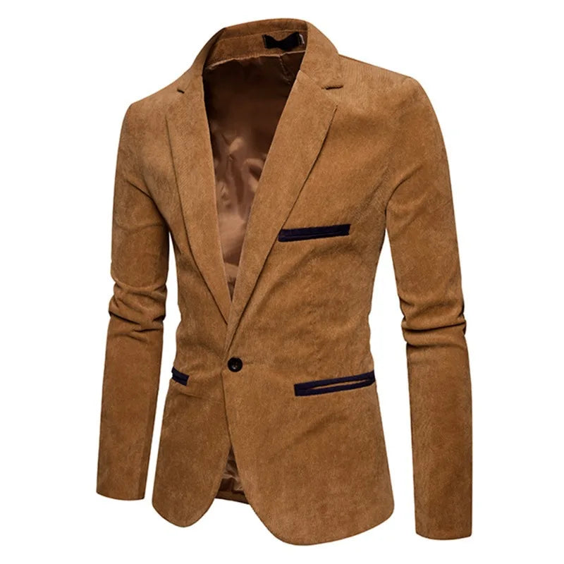 Men's Casual Suit Jacket Fashion Solid Color High Quality Corduroy Button Pocket Lapel Jacket Business Party Leisure Suit