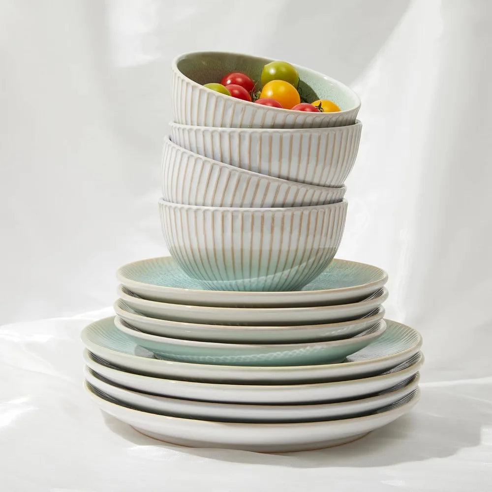 Round Reactive Glazed Stoneware Dinnerware Set, Microwave and Dishwasher Safe Ceramic Plates and Bowls Collection