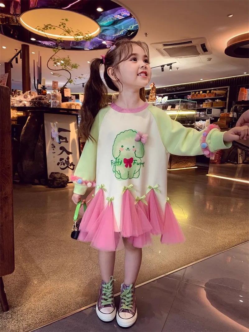 Girl's Fall/Winter Sweatshirt Long Sleeve Princess Elsa Snow White Cartoon Print Tulle Skirt Casual Hoodie Dress 2-12 Years Old