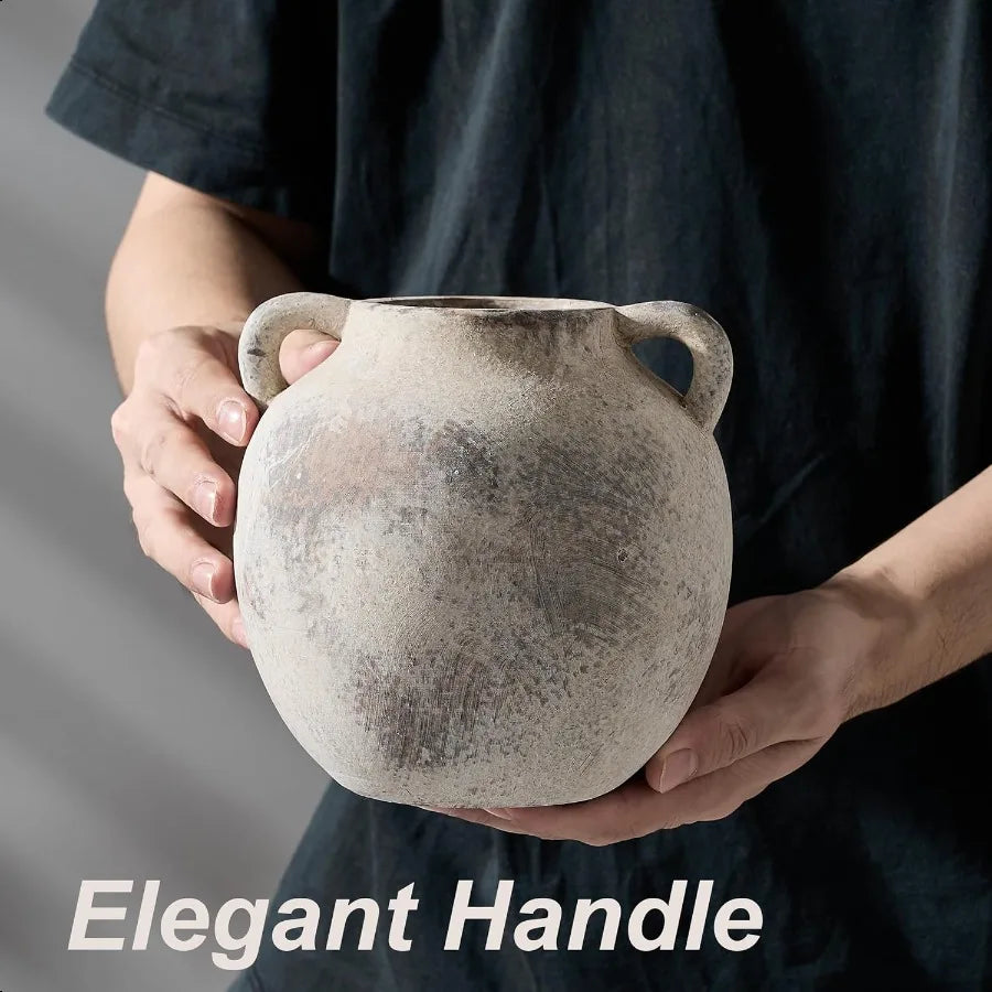 Ceramic Terracotta Vase with Handles 5.8 Inch Decorative Rustic Vase for Home Decor Farmhouse Living Room Table Gray Set of 1