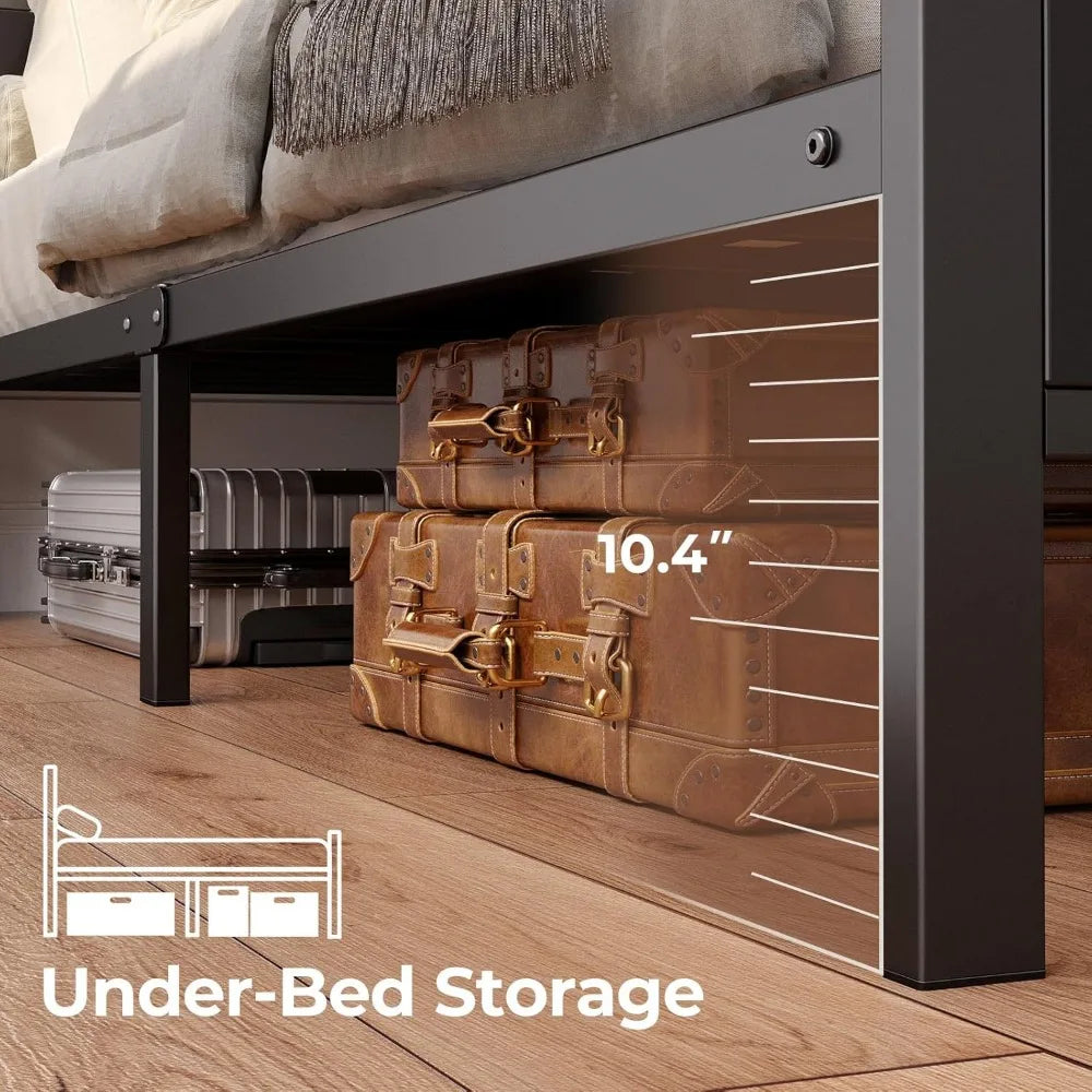 rolanstar twin bed frame with headboard, led bed with bookcase storage and charging station, metal platform bed with glass shelv