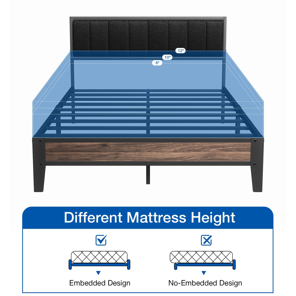 Twin/Full Bed Frame, Headboard Upholstered Bed Frame Platform, All Metal Slats Support Platform Bed Frame with Storage Space