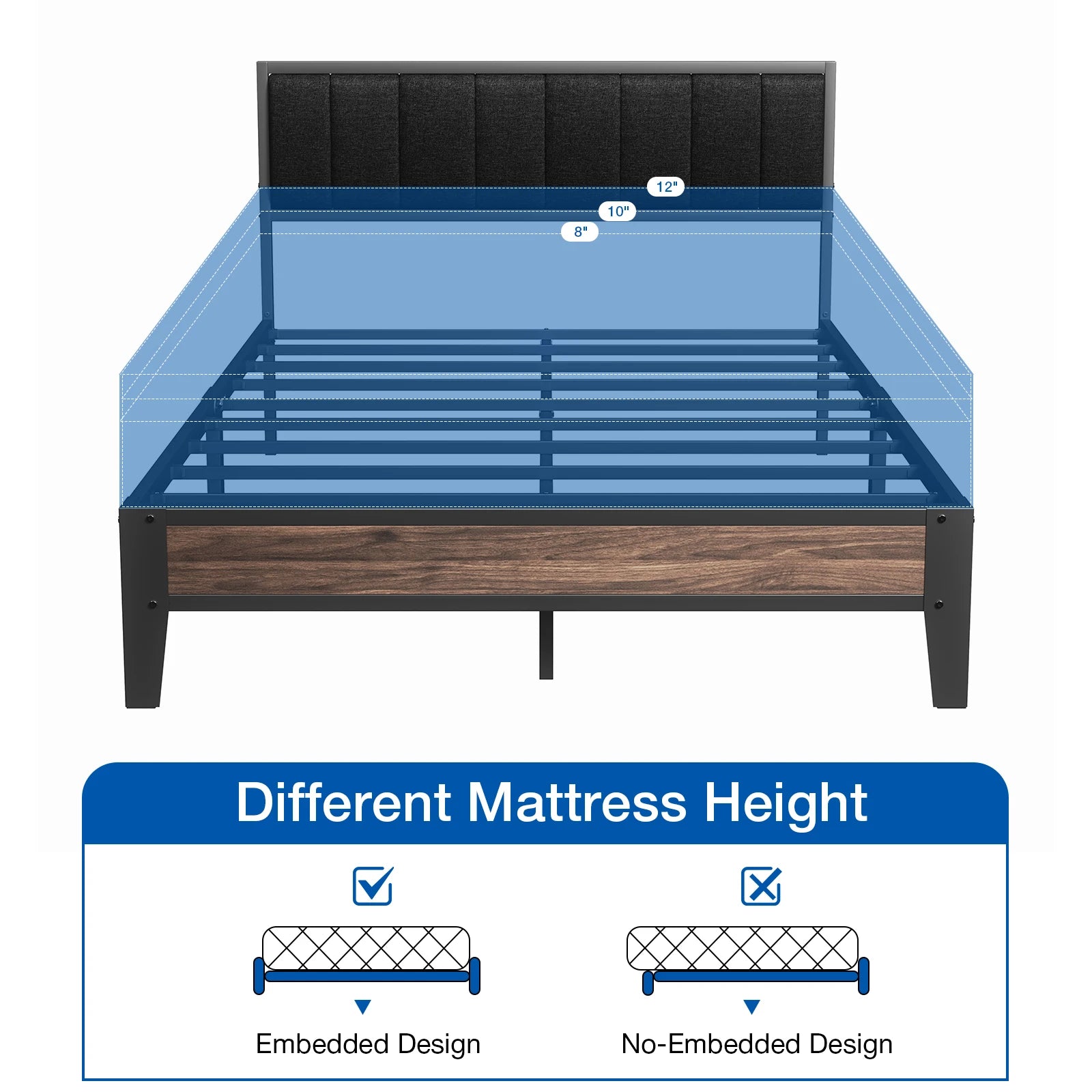 Twin/Full Bed Frame, Headboard Upholstered Bed Frame Platform, All Metal Slats Support Platform Bed Frame with Storage Space
