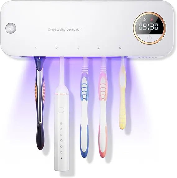 Wall-Mount Toothbrush Holder with Auto-Drying, 4000mAh Battery, Infrared Sensor, Holds 5 Toothbrushes