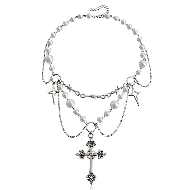 Vintage Gothic Cross Rosary Necklaces Women Punk Layered Chain Charm Handmade Sacred Pearl Beaded Choker Necklace Girl Gifts