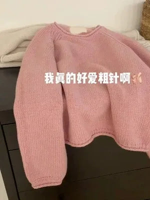 Autumn and winter new pure cashmere sweater for women with thick rolled edge round neck loose knit sweater bottoms