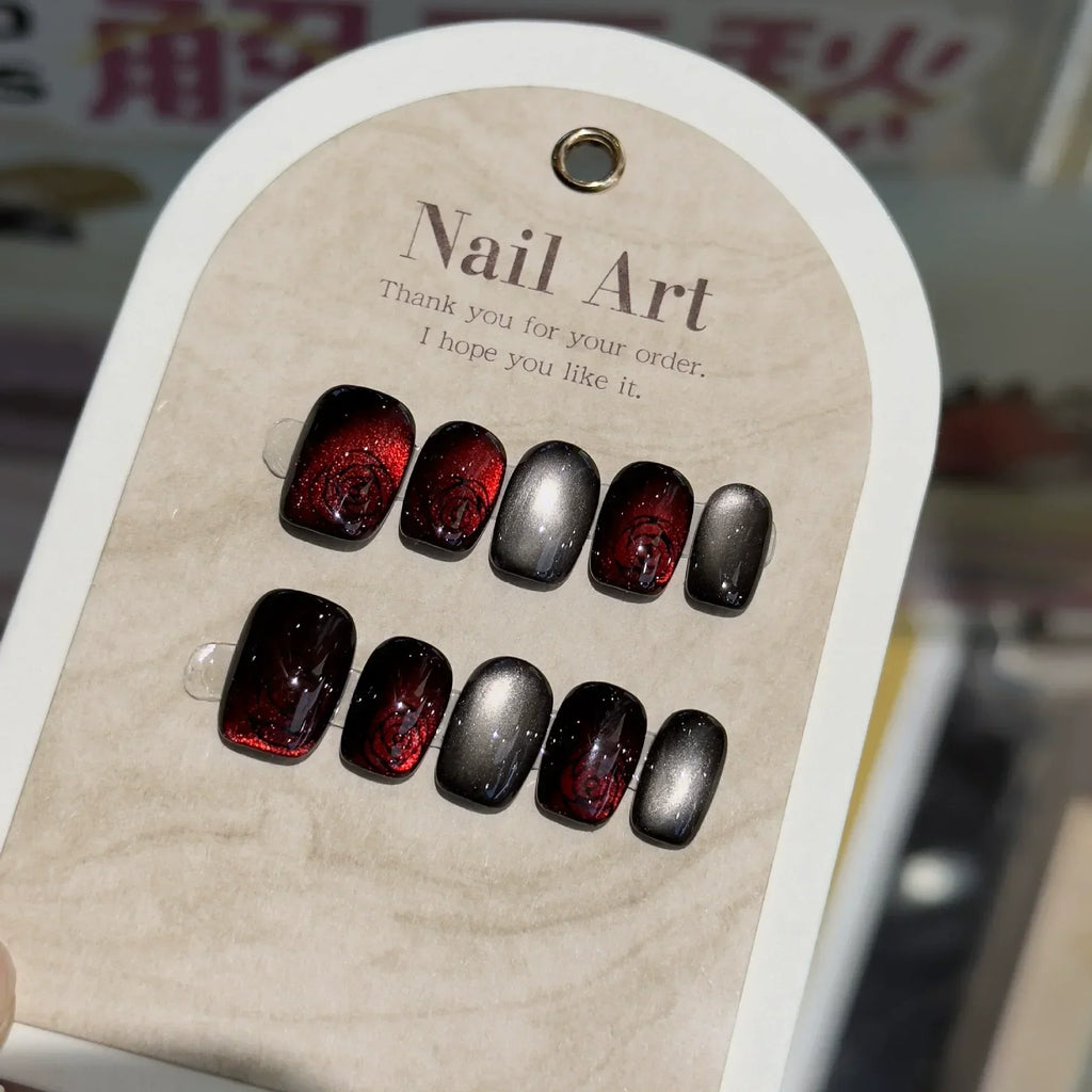 10pcs Short Square Head Fake Nails with Glue Flash Dreamy Red Cat Eye Rose Handmade Press on Nails Wearable Full Cover Nails Tip