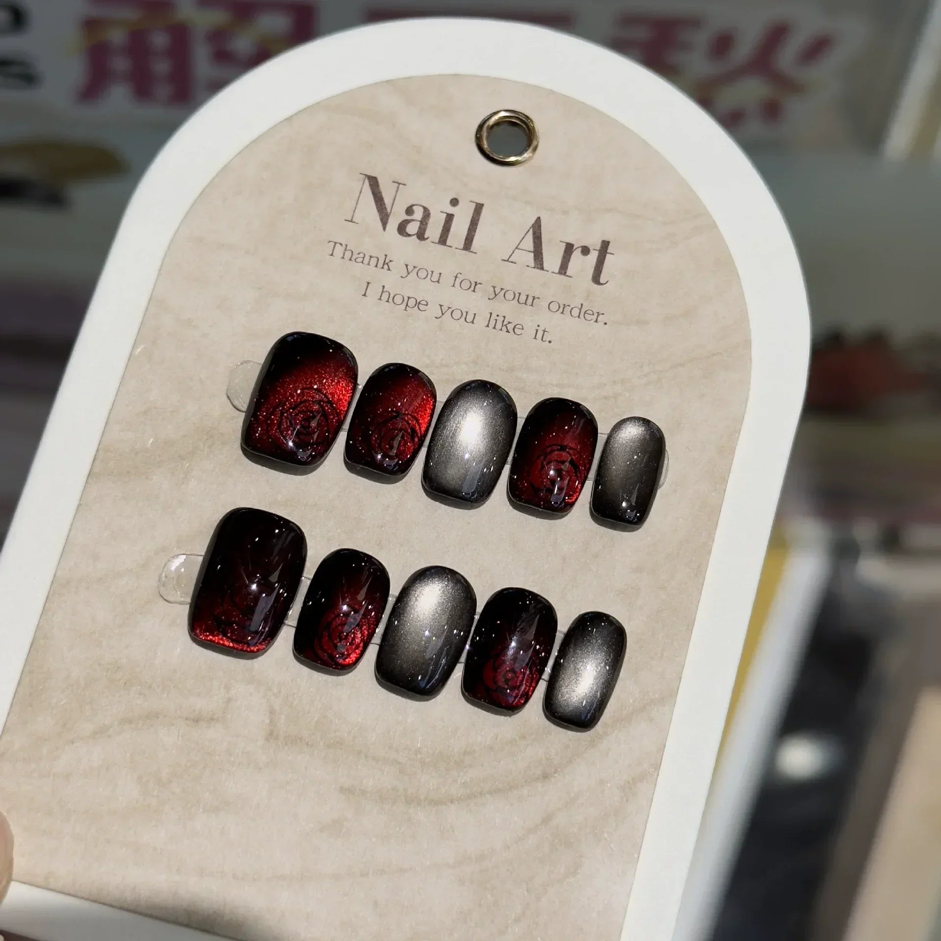 10pcs Short Square Head Fake Nails with Glue Flash Dreamy Red Cat Eye Rose Handmade Press on Nails Wearable Full Cover Nails Tip
