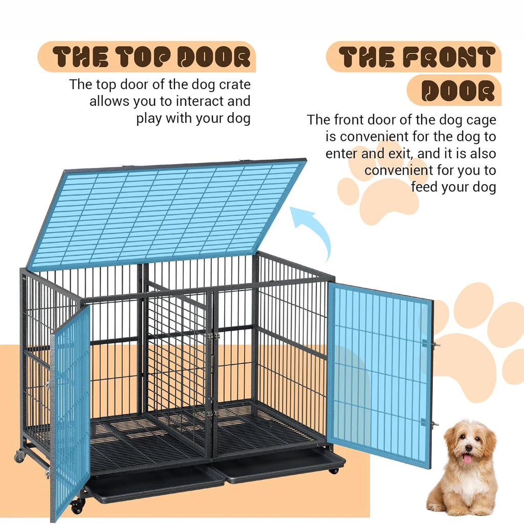 Heavy Duty Dog Crate Large Metal Dog Kennel with Roof Top 2 Door Dog Cage House with Removable Tray and Wheels for Large Dogs