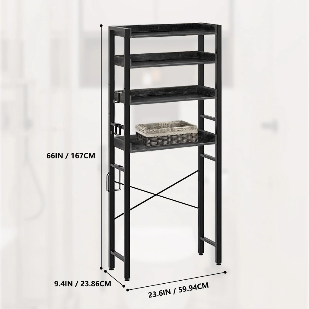 Over The Toilet Storage Rack 4-Tier Bathroom Organizer Freestanding Shelf Space Saver Toilet Stand Cabinet with 4 Hooks