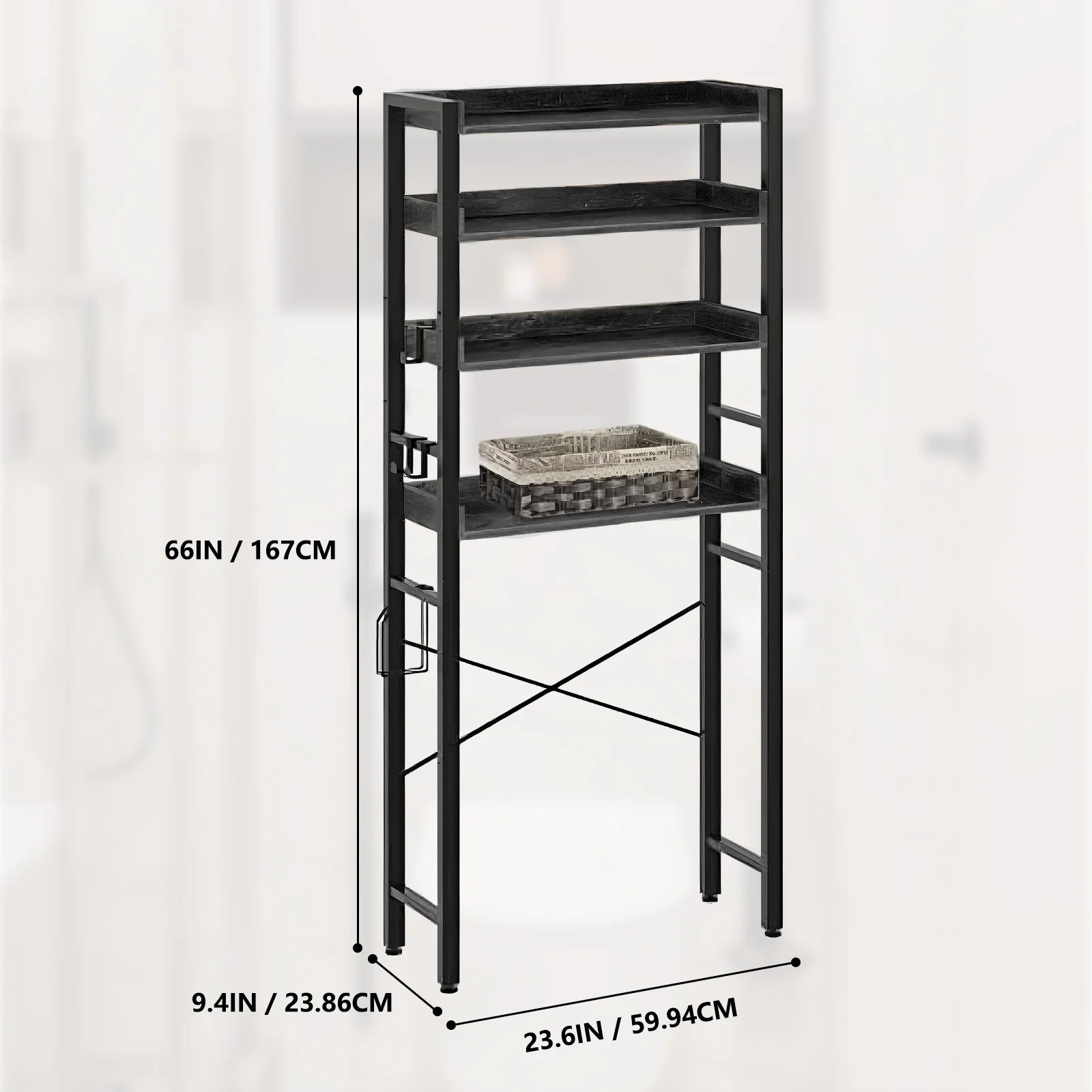 Over The Toilet Storage Rack 4-Tier Bathroom Organizer Freestanding Shelf Space Saver Toilet Stand Cabinet with 4 Hooks