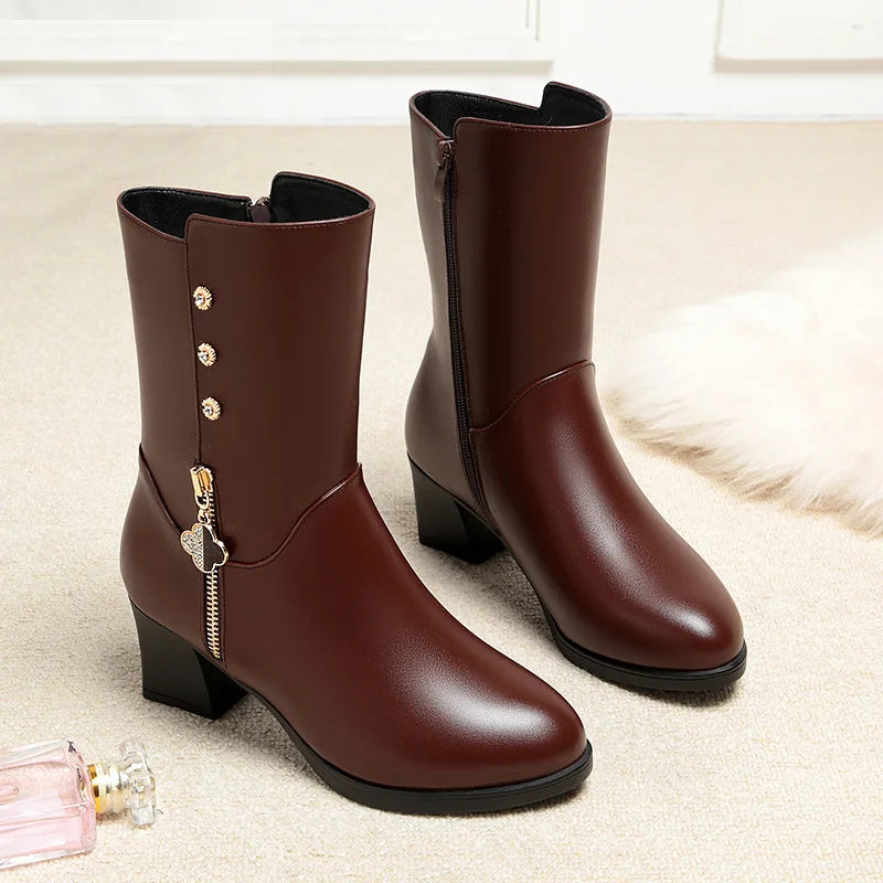 Winter Padded Cotton Shoes Women Plush Soft Leather Long Boot Warm High-heel Fur High Knee Riding Mid-heel Boots Comfortable