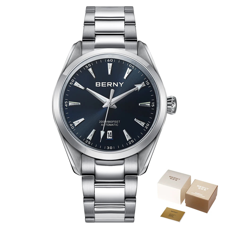 BERNY Men Mechanical Wristwatch PT5000 Automatic Watch For Male Stainless Steel Luminous Sapphire 20ATM Waterproof Mens Watch
