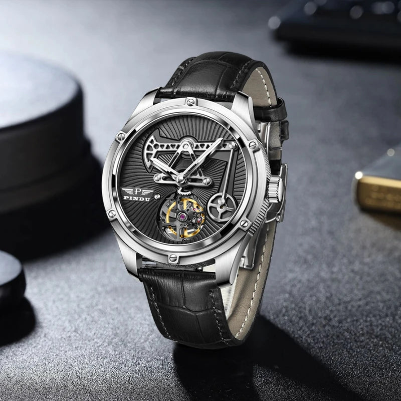 PINDU Watch Miyata 8215 Mechanical Movement Sapphire Mirror Waterproof Luminous Oil Well Business Men Mechanical Wristwatches