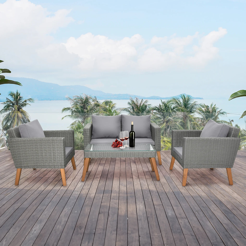 4 Piece Outdoor Patio Furniture Set, Resin Rattan and Acacia Wood Chairs Conversation Furniture Set with Soft Cushions Grey