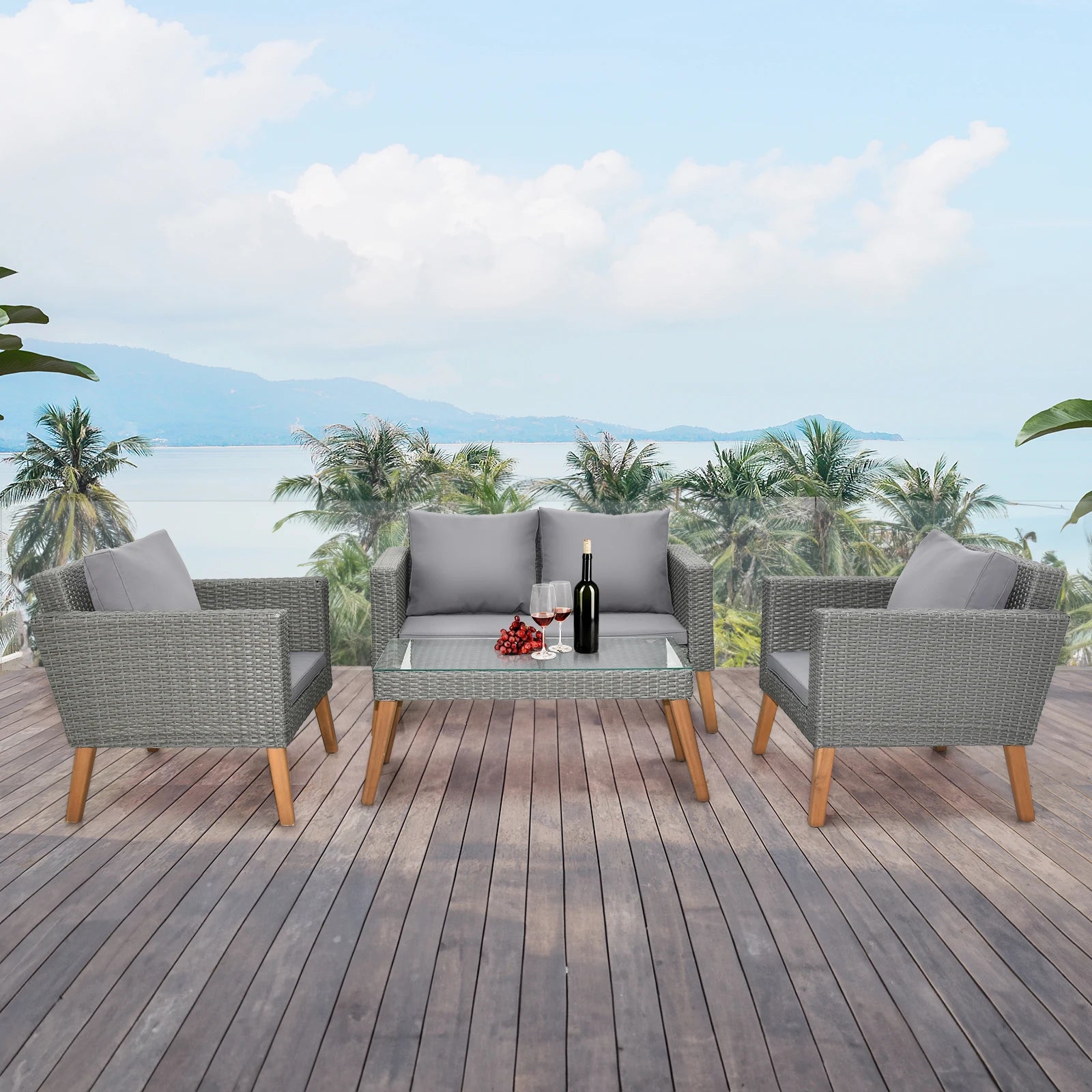 4 Piece Outdoor Patio Furniture Set, Resin Rattan and Acacia Wood Chairs Conversation Furniture Set with Soft Cushions Grey