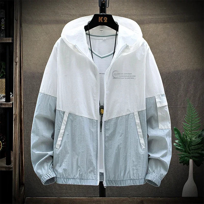 2025 Summer Skin Coats Men Ultra Light UV Sun Protection Big Size Hooded Windbreaker Jacket Men Striped Casual Outwear