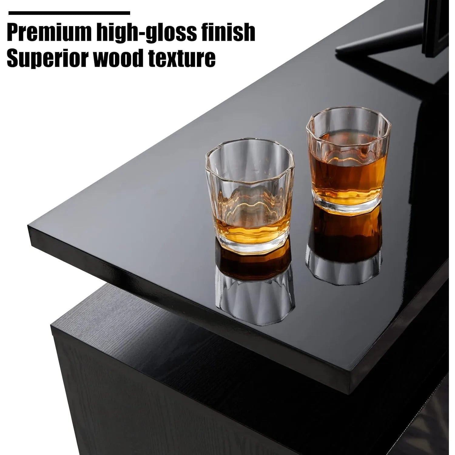 Fireplace TV stand with 36 inch fireplace, 70 inch modern high gloss fireplace, 2-story TV console cabinet, obsidian color