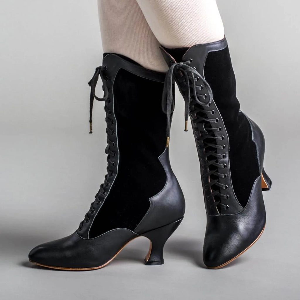 Vintage Block Heel Green Lace Up Boots For Womens Wide Calf Riding Boots Women'S Fashion Boots With Cute Cat Motif Bandage Shoes