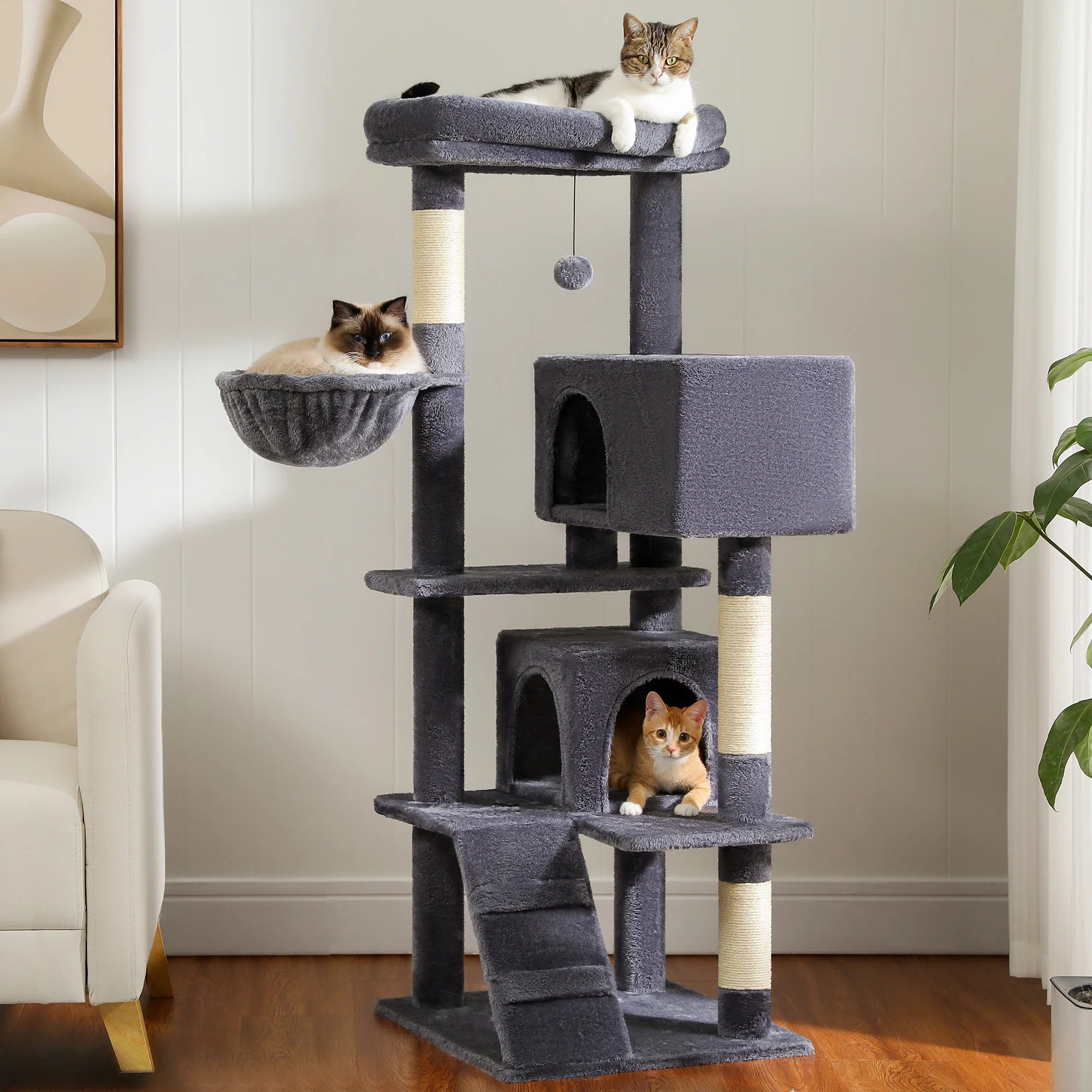 56.3" Cat Tree for Large Cats Adult with Super Large Top Perch Cat Tower with Plush Hammock Dangling Pompom Cat Scratching Post