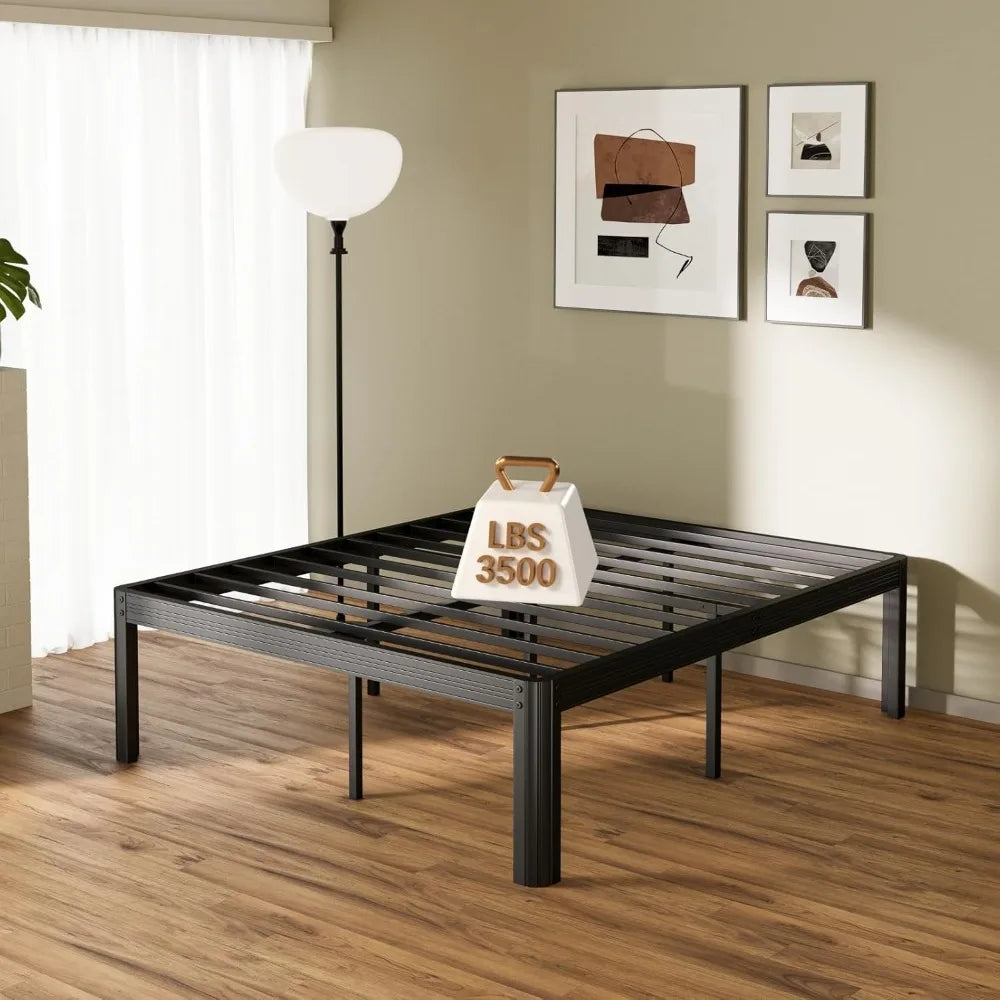 18 Inch Heavy Duty Queen Bed Frame No Box Spring Needed, 3500lbs Weight Capacity Metal Bed Frame Queen Size, Reinforced Metal, E