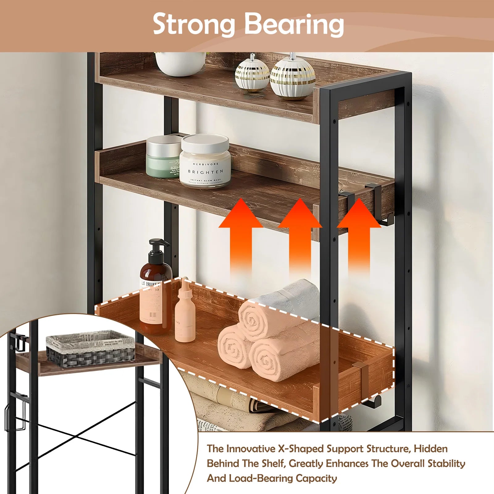 Over The Toilet Storage Rack 4-Tier Bathroom Organizer Freestanding Shelf Space Saver Toilet Stand Cabinet with 4 Hooks