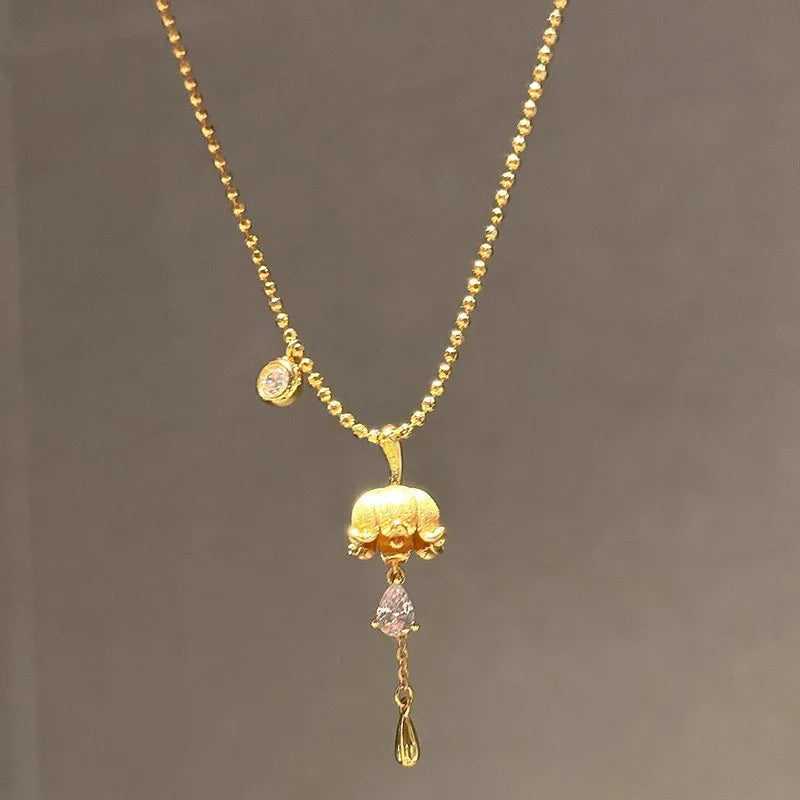 Gold Vintage Drop Flash Diamond Lily of the Valley Pendant Temperament Necklace for women