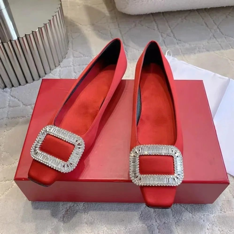 Classic Silk Square-Toe Shallow Woman Flats Square-Button Decora  Mouth Single Shoes Willow Fashion Females Banquet Flats