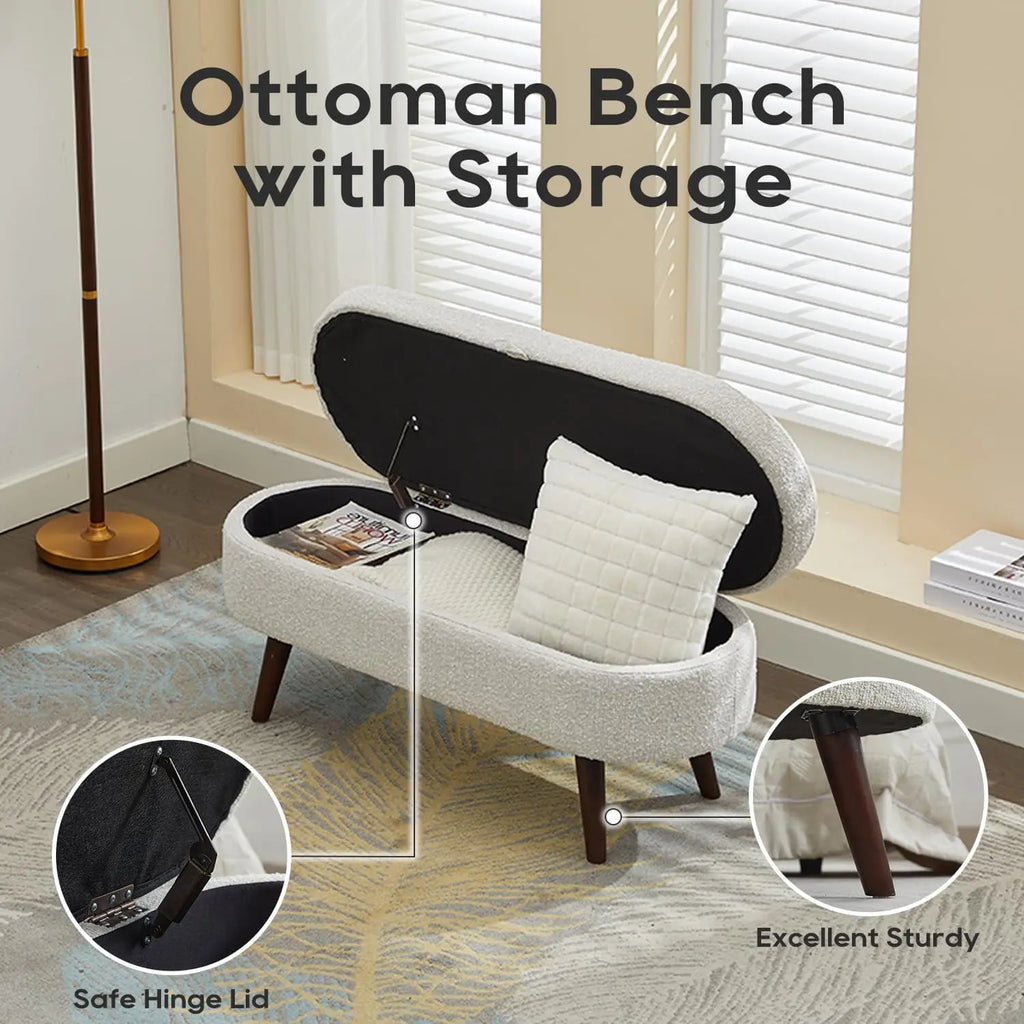 43.8" Boucle Storage Ottoman Bench, 300 Lb Capacity, Upholstered, Safety Hinge, Flip-Top Oval Foot Rest With Wood Legs