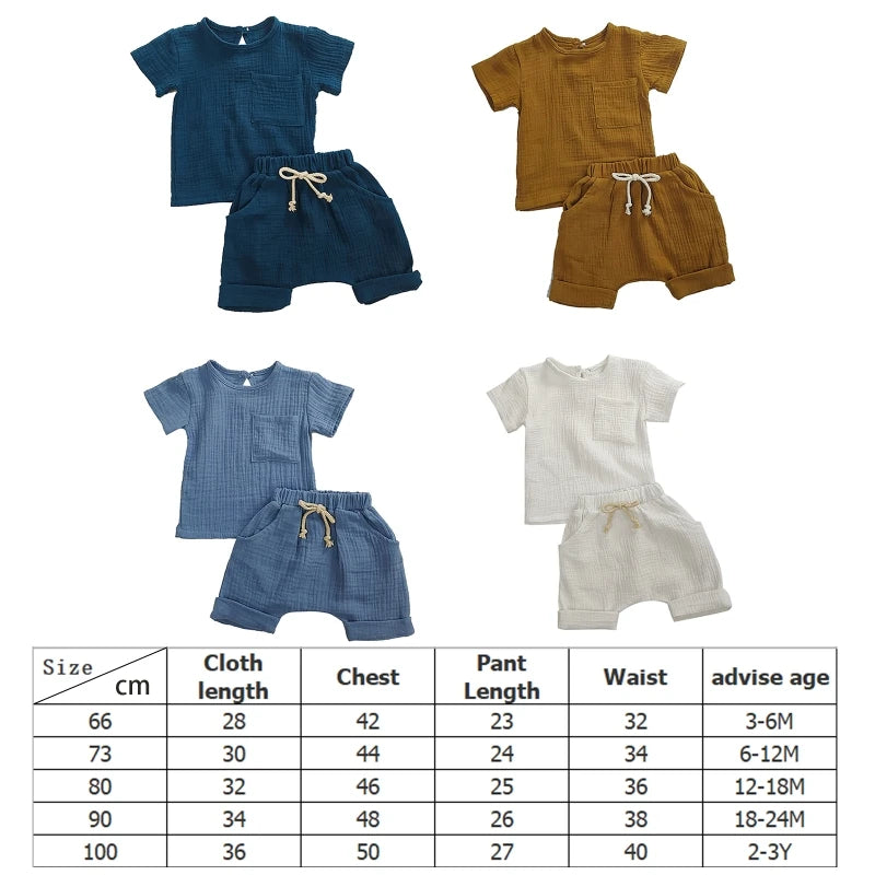 Baby Girls Boys Outfit Suit Cotton Linen Children Clothes Set Toddler Solid Casual T-shirt Kids Tops Summer Shorts Pants