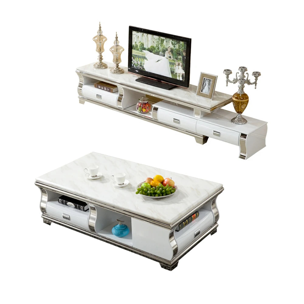 Linlamlim Stylish Living Room Furniture Set with Marble Stainless Steel Foldable TV Stand and Coffee Table TV Table Centro Table
