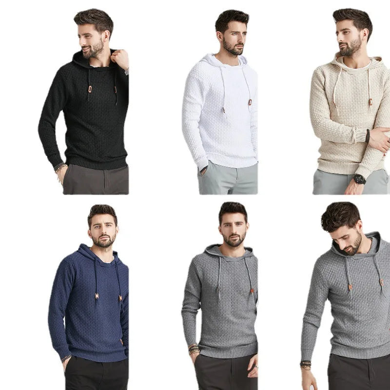 European and American Fashion Men's Hooded Long Sleeved Pullover Knitted Sweater for Spring and Autumn New Base Casual Sweater