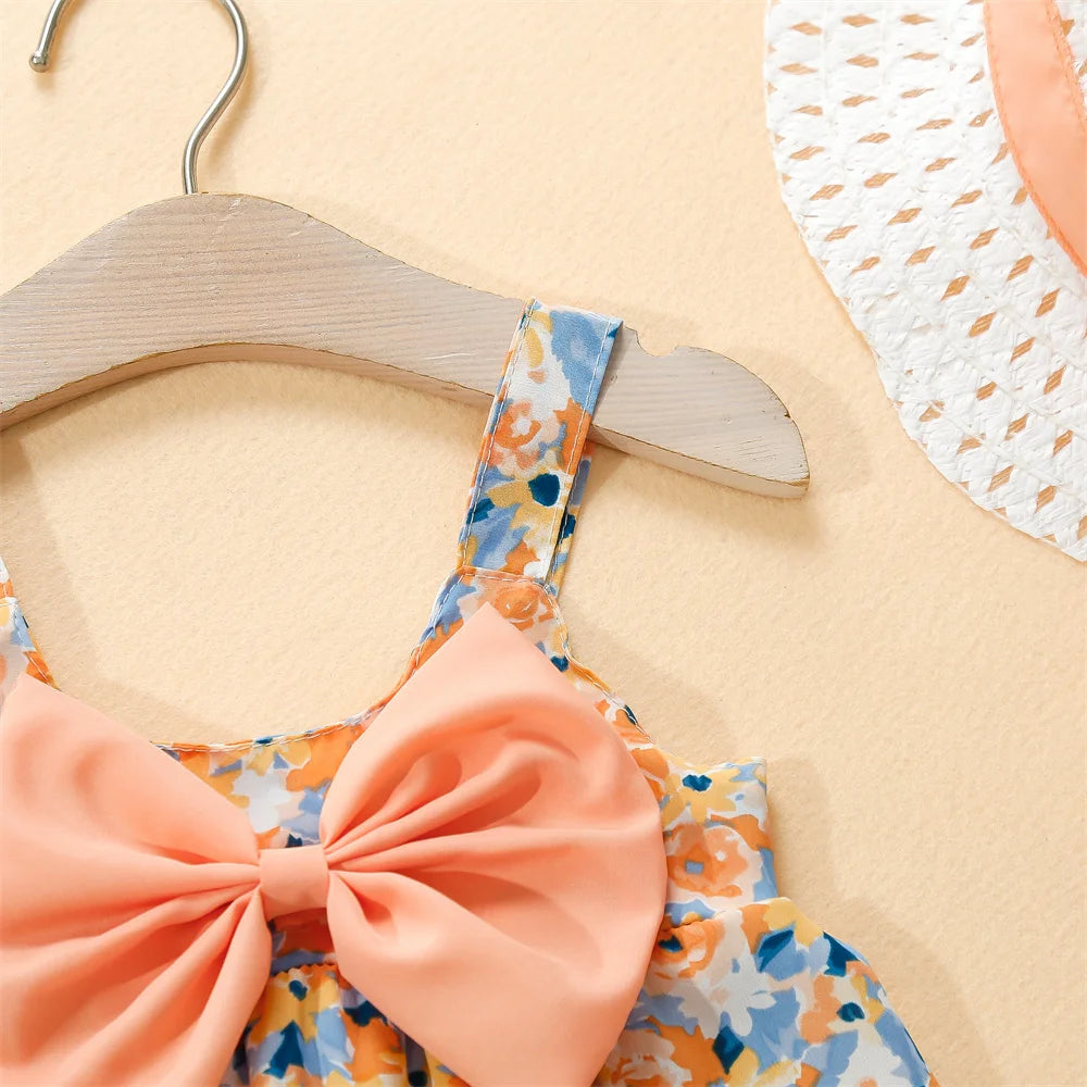 Baby Girl Dresses Summer Floral Cotton Suspender Dresses Cute Bow Girls Dresses Beach Dresses With Hats Baby Clothes Girls