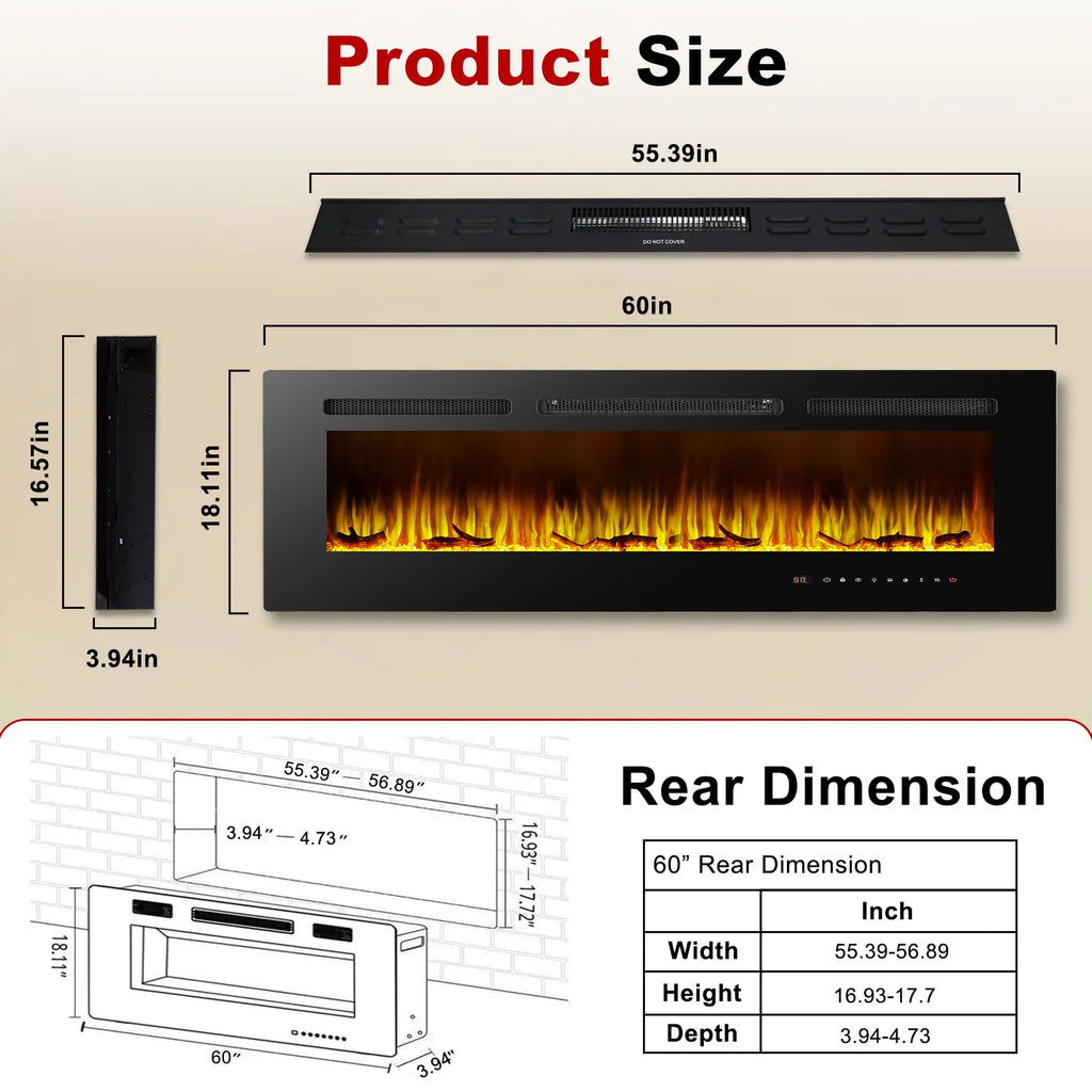 60 Inch Electric Fireplace Recessed and Wall Mounted ltra Thin Ad Low Noise Touch Screen 750-1500W 3D Flame Color Remote Control