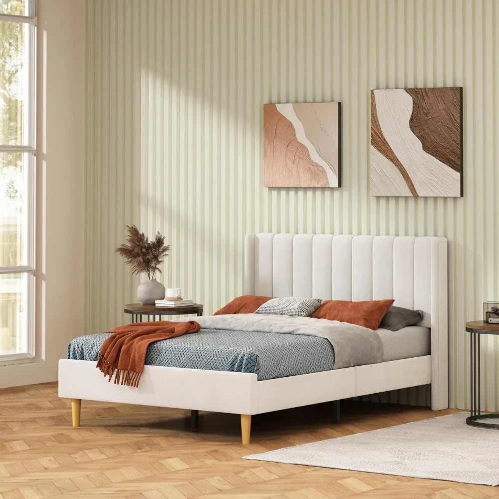full size bed frame, velvet upholstered platform bed with vertical channel tufted wingback headboard, wooden slats support, no b