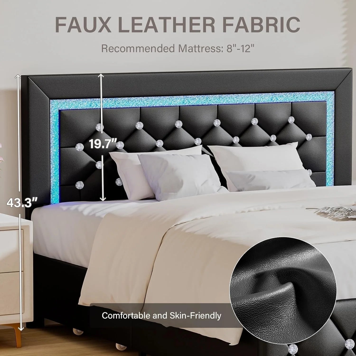 Queen Bed Frame with LED Lights, Upholstered Bed Frame with Storage Drawers, Modern Platform Bed Black