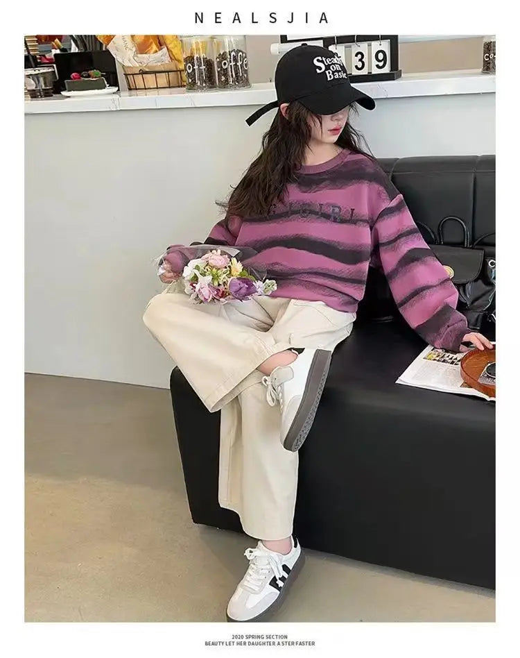 2025 autumn spring Girls clothes Sweatshirt Kids teens dress top Child striped letters hooded tracksuit 4 6 7 8 9 10 11 12 year